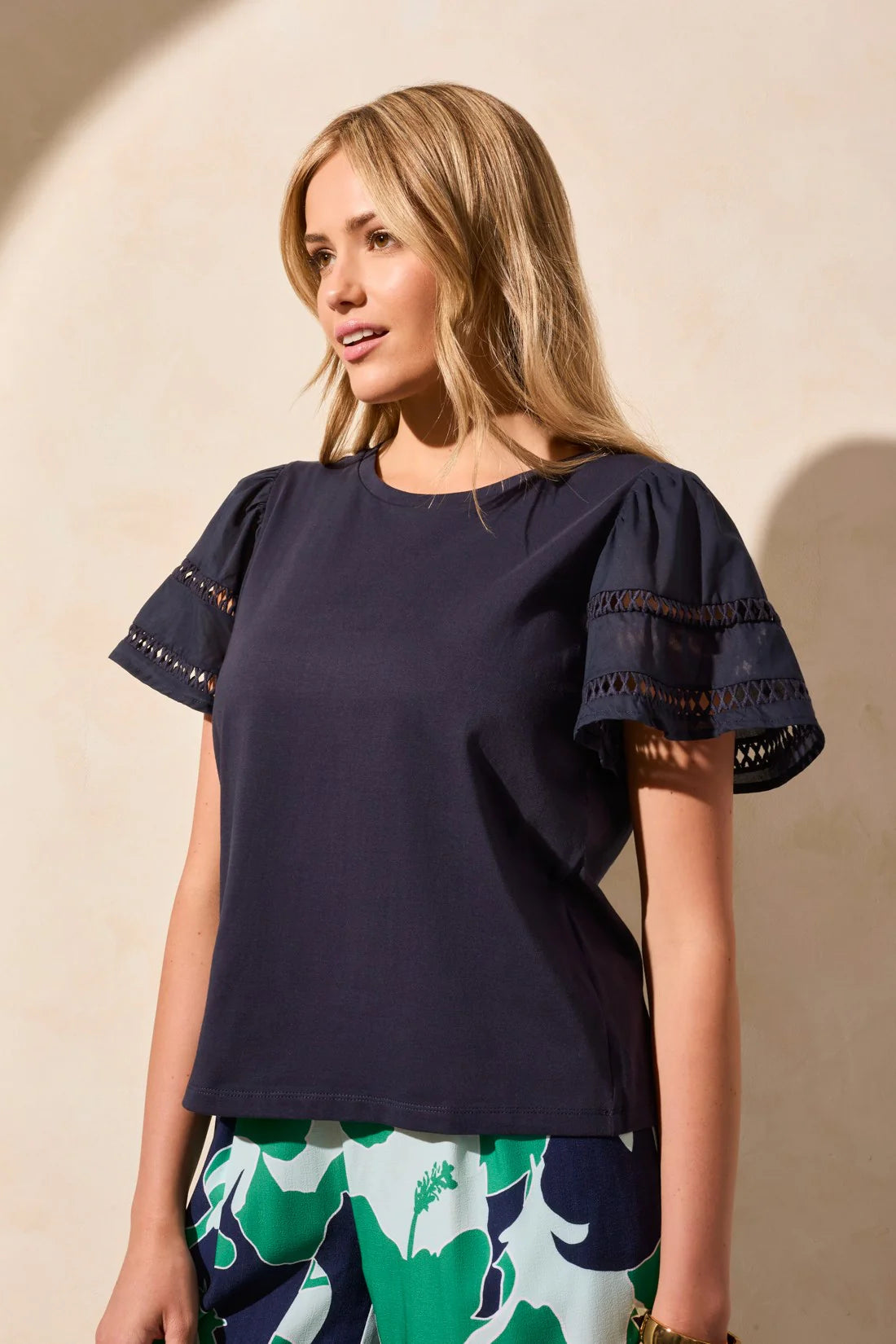 COTTON JERSEY FLUTTER SLEEVE CREW NECK TOP-JET BLUE