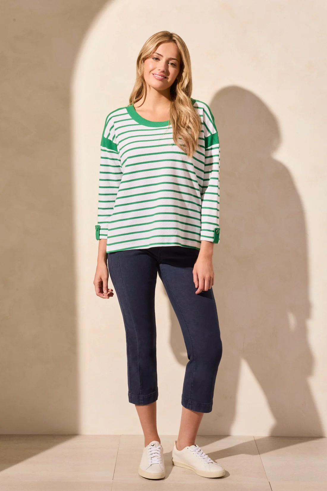 WAFFLE KNIT BOAT NECK TOP 3/4 TOP-GREEN