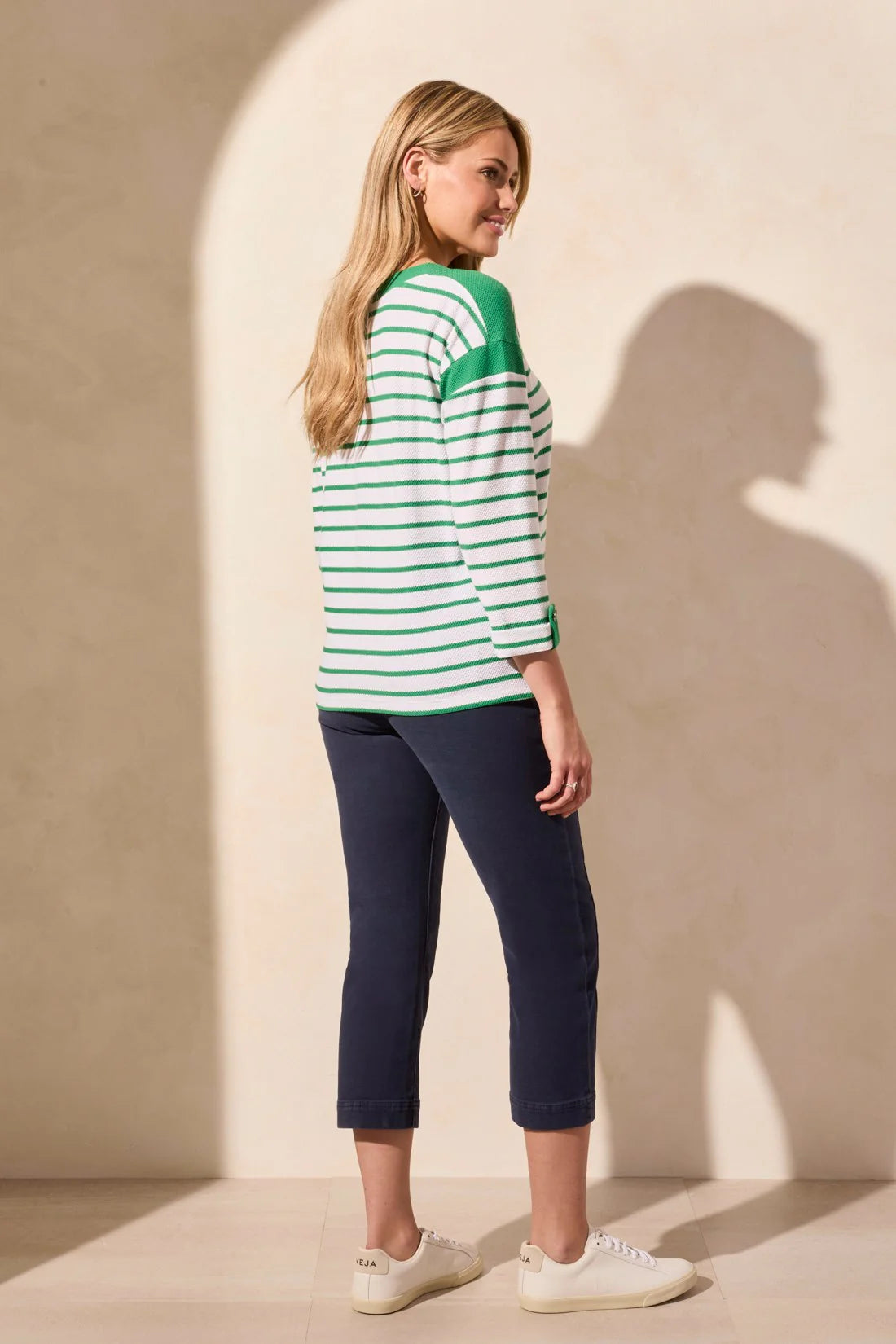 WAFFLE KNIT BOAT NECK TOP 3/4 TOP-GREEN