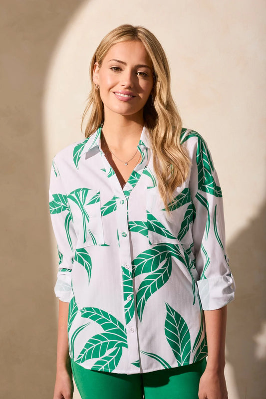 FOLIAGE PRINT ROLLED-SLEEVE PRINTED BLOUSE