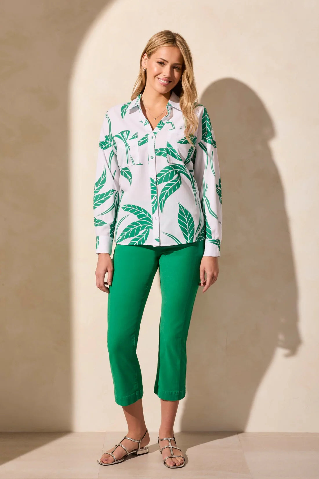 FOLIAGE PRINT ROLLED-SLEEVE PRINTED BLOUSE