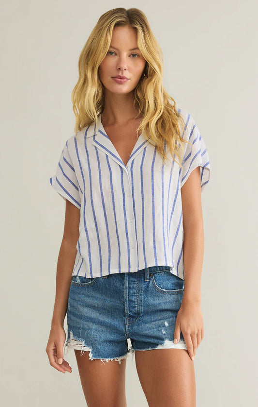 PARALLEL STRIPED LINEN TOP-BLUE