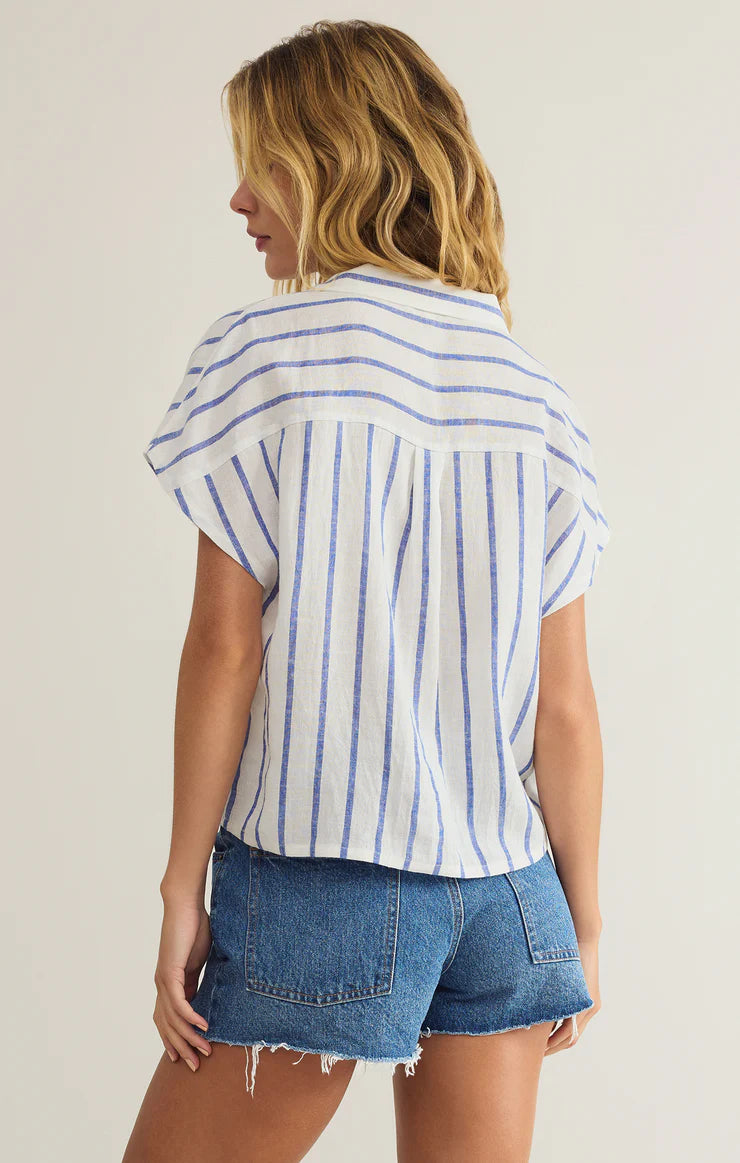 PARALLEL STRIPED LINEN TOP-BLUE