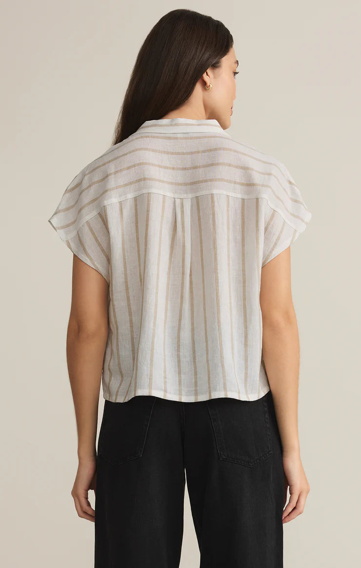 PARALLEL STRIPED LINEN TOP-CEMENT