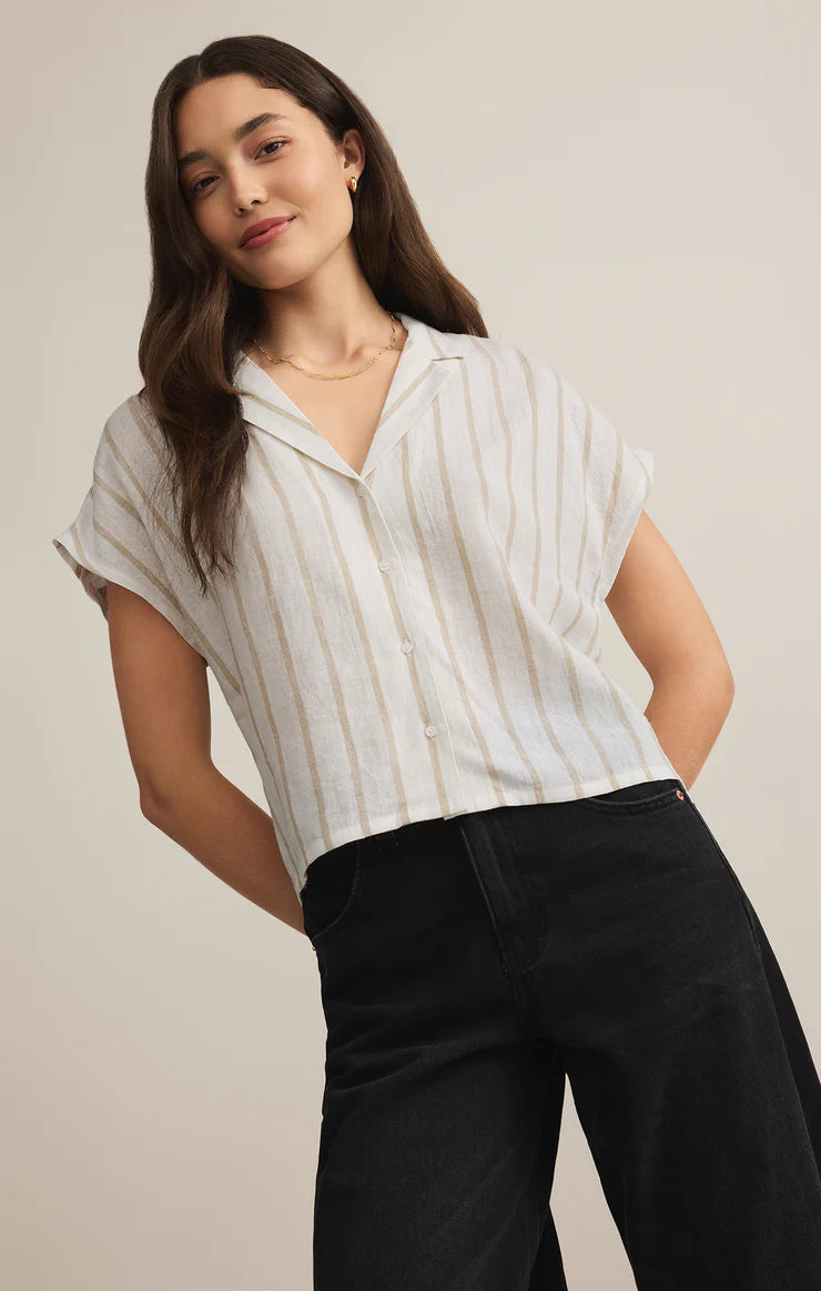 PARALLEL STRIPED LINEN TOP-CEMENT