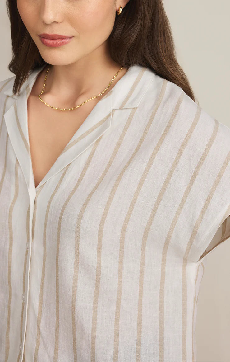 PARALLEL STRIPED LINEN TOP-CEMENT