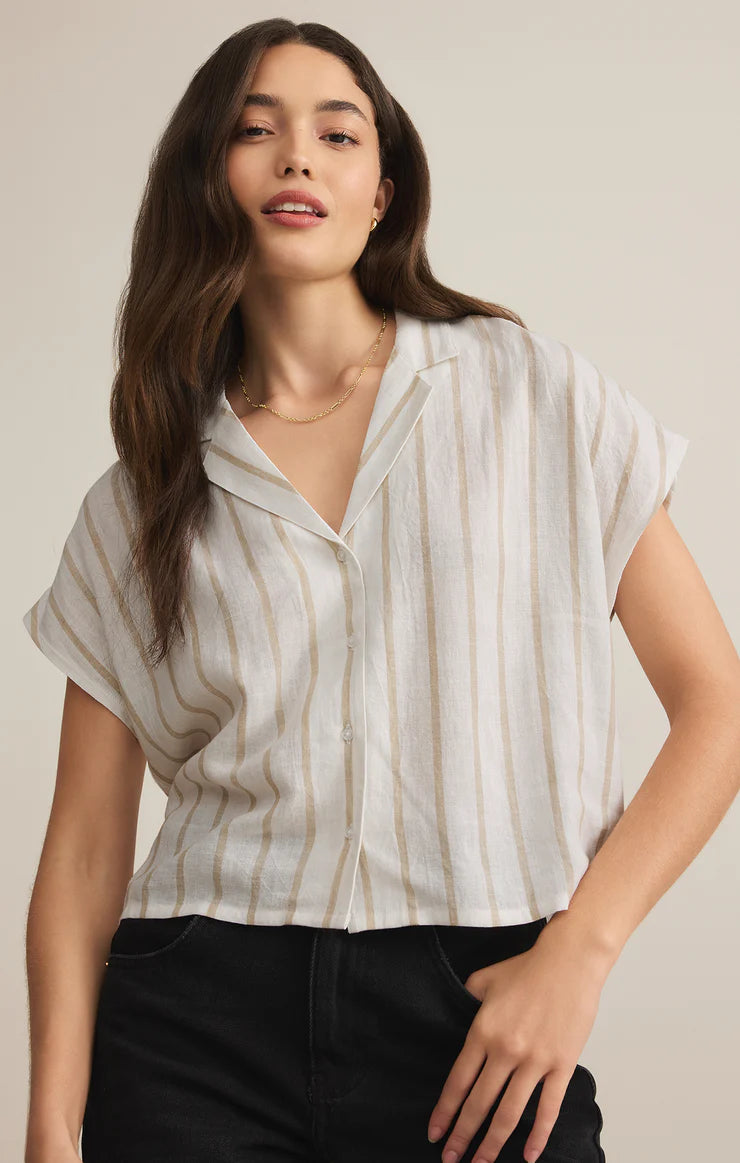 PARALLEL STRIPED LINEN TOP-CEMENT