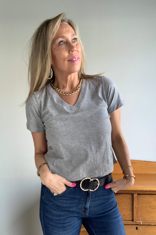 Vera V-Neck Tee-Grey