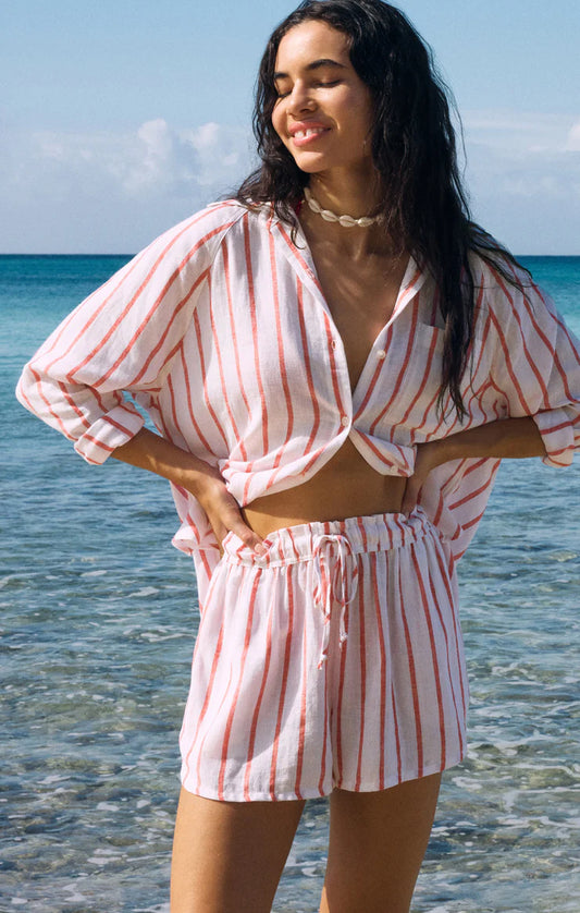PERFECT LINEN STRIPED SHORT-CABANA RED