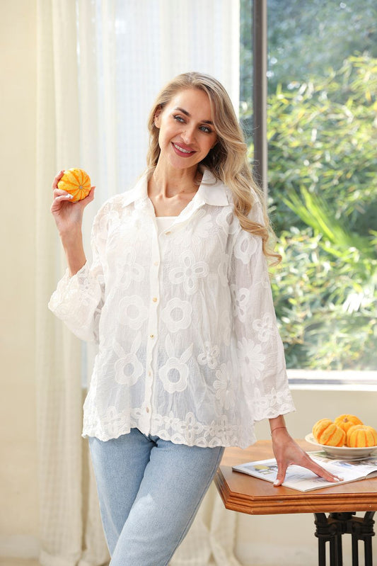 Evelyn Embroidery Top-White