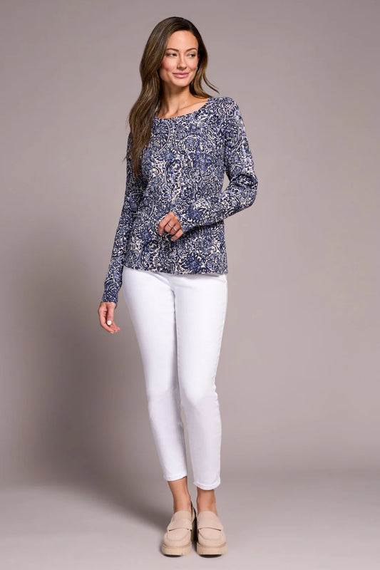 PRINTED CABLE COTTON CREW NECK SWEATER-SAPHIRE