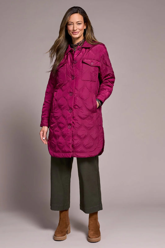 LONG QUILTED BUTTON-UP JACKET WITH POCKETS-PLUMWINE