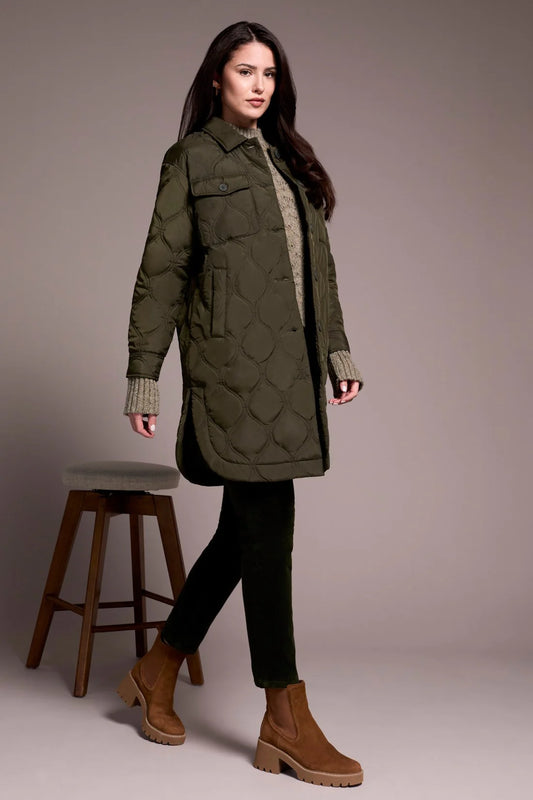 LONG QUILTED BUTTON-UP JACKET WITH POCKETS-SPRUCE