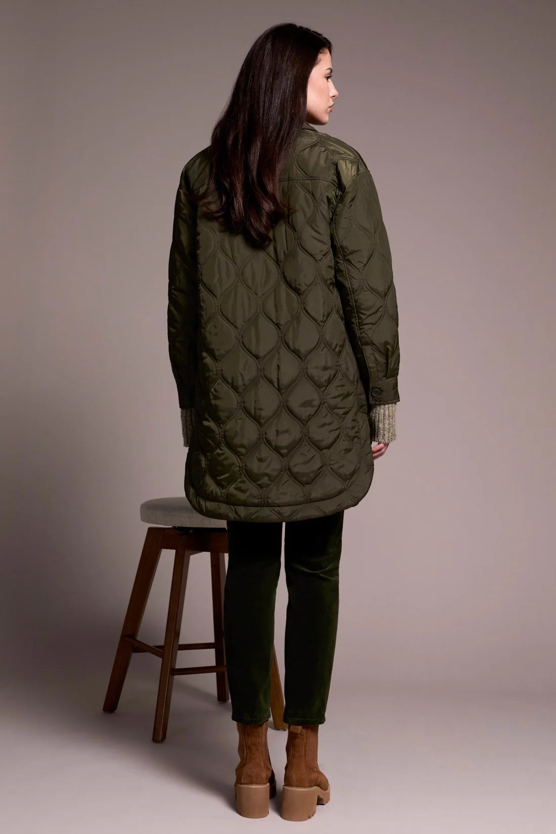 LONG QUILTED BUTTON-UP JACKET WITH POCKETS-SPRUCE