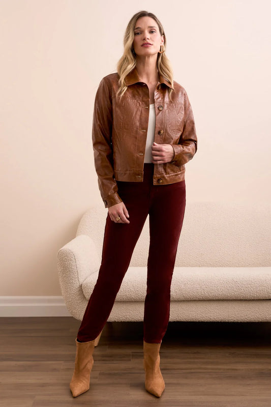 FAUX LEATHER BUTTON-FRONT COLLAR-ACCENT JACKET-BROWN