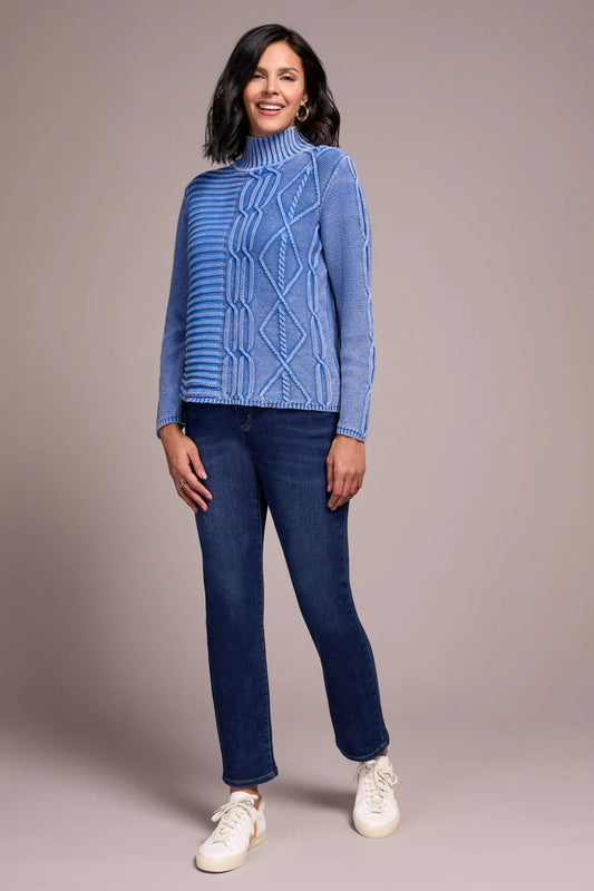 VINTAGE WASHED CABLE KNIT MOCK NECK SWEATER-ULTRA BLUE