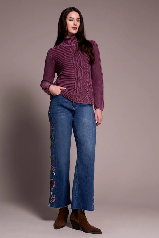 VINTAGE WASHED CABLE KNIT MOCK NECK SWEATER-PASSION PLUM