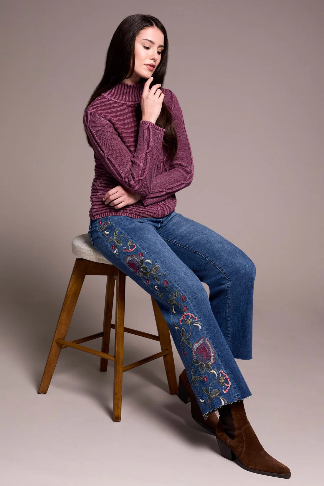 VINTAGE WASHED CABLE KNIT MOCK NECK SWEATER-PASSION PLUM