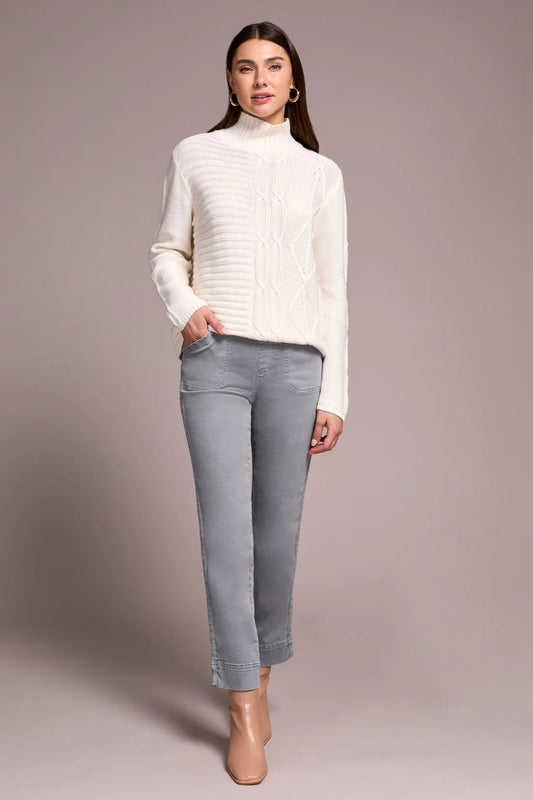 VINTAGE WASHED CABLE KNIT MOCK NECK SWEATER-CREAM