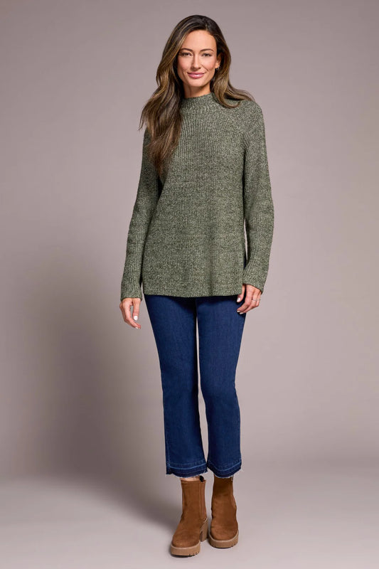 MOCK NECK HEATHERED KNIT SWEATER WITH SIDE SLITS-SPRUCE