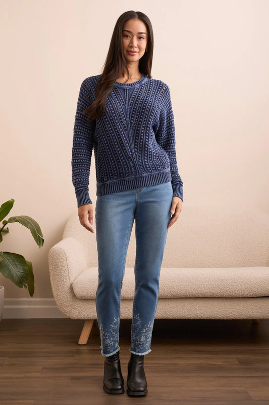TEXTURED SPECIAL WASH CREW NECK SWEATER-NIGHTFALL