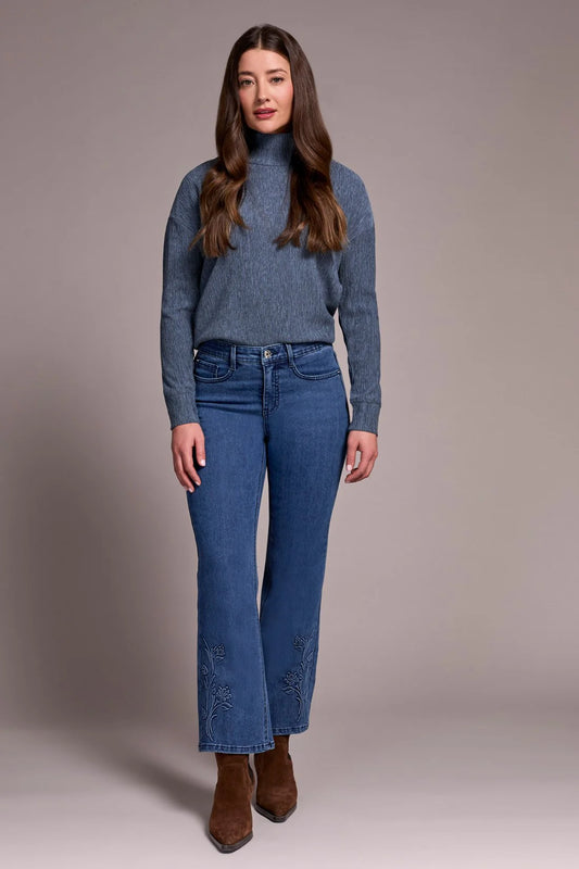 AUDREY HIGH RISE KICK FLARE JEANS WITH EMBOSSED FLOWER DETAIL