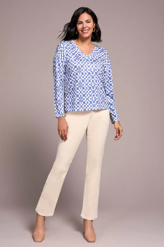 FUZZY SOFT V-NECK COMBO PRINT KNIT TOP
