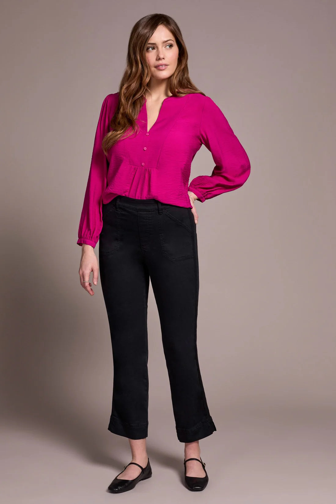 COMFORT STRETCH PULL-ON KICK FLARE ANKLE PANTS-BLACK