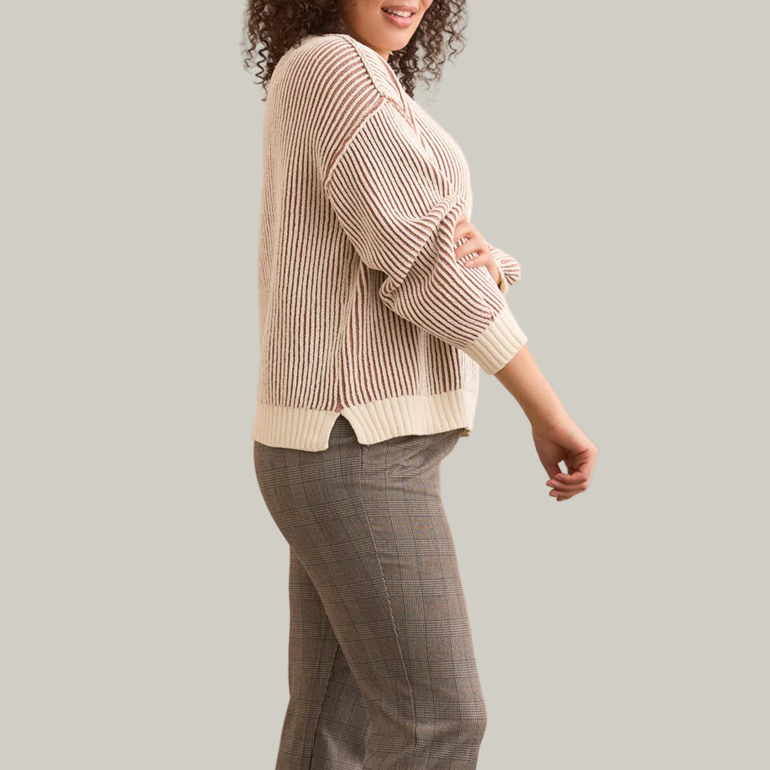 Crew Neck Sweater With Side Slits-Almond Latte