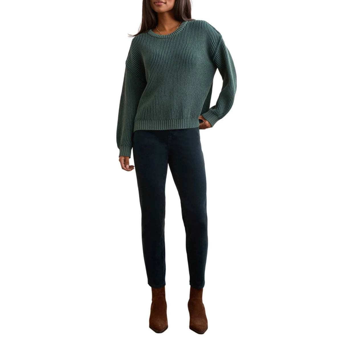 Crew Neck Sweater With Side Slits-Pine