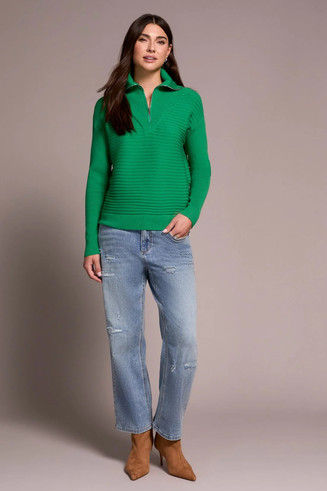 SOFT ZIP-UP V-NECK SWEATER-FIELD GREEN