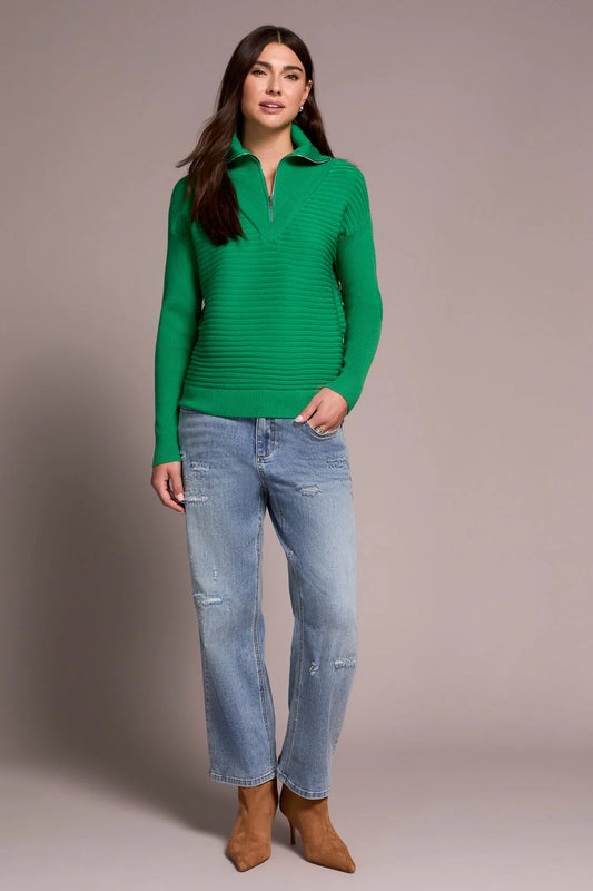 SOFT ZIP-UP V-NECK SWEATER-FIELD GREEN