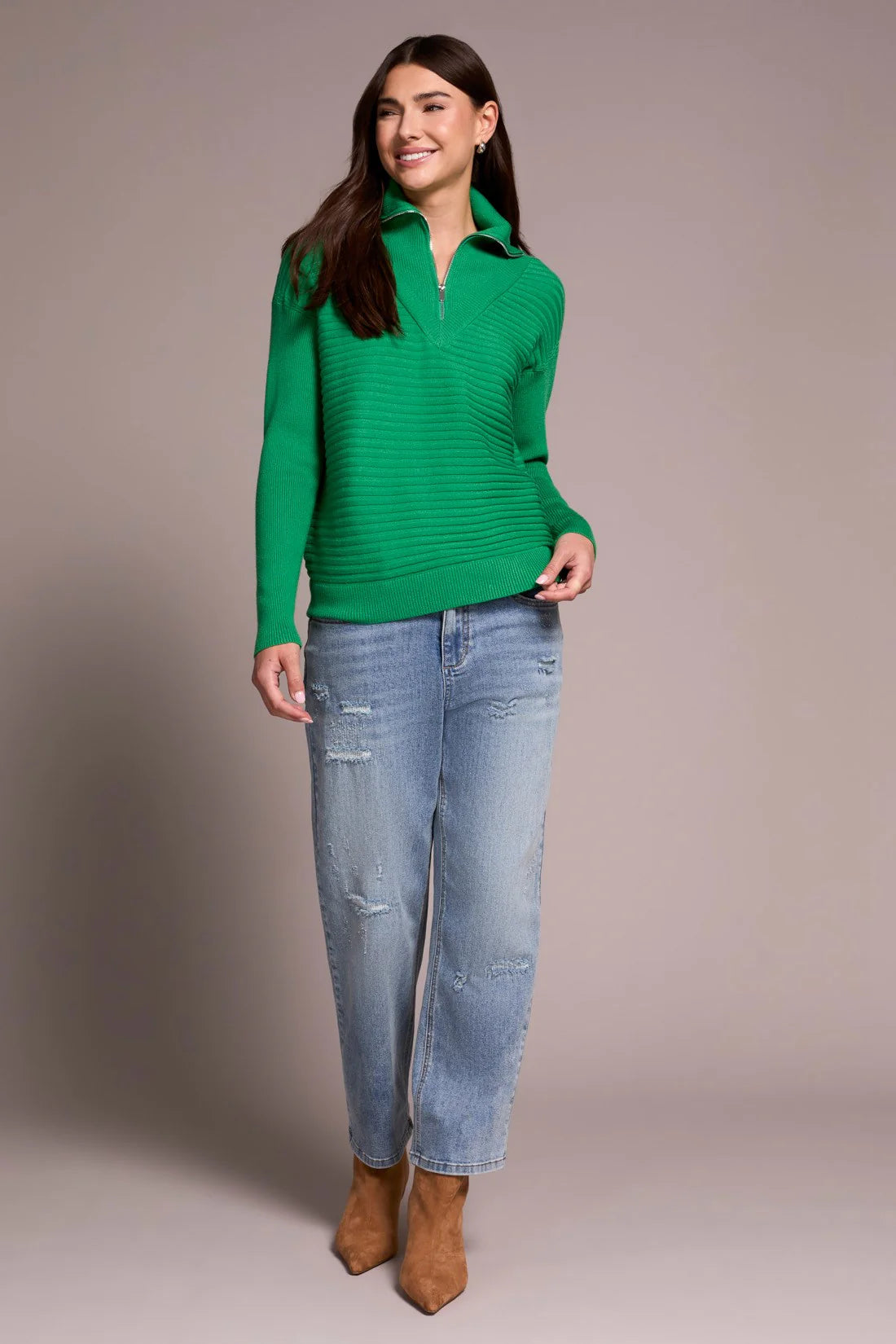 SOFT ZIP-UP V-NECK SWEATER-FIELD GREEN