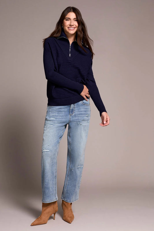 SOFT ZIP-UP V-NECK SWEATER-NIGHTFALL