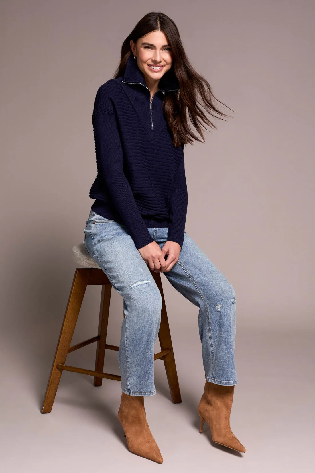 SOFT ZIP-UP V-NECK SWEATER-NIGHTFALL