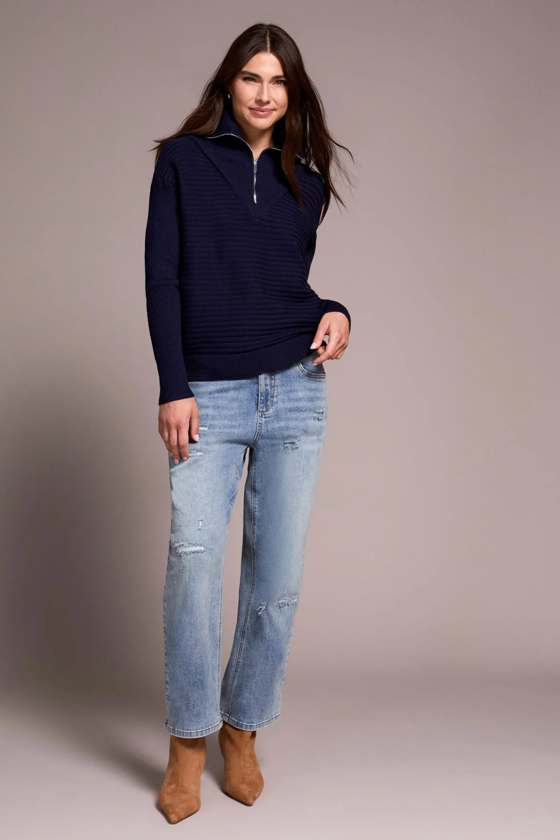 SOFT ZIP-UP V-NECK SWEATER-NIGHTFALL