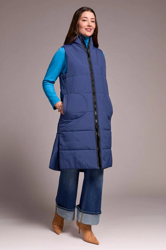 LONG ZIP-FRONT QUILTED VEST-MARINE