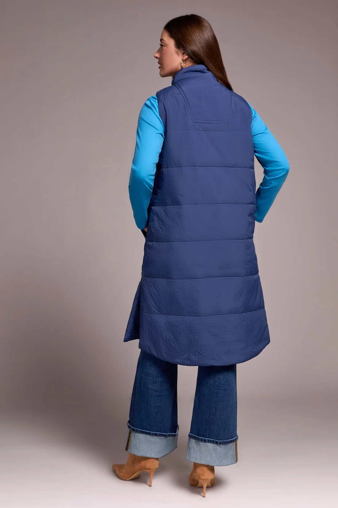 LONG ZIP-FRONT QUILTED VEST-MARINE