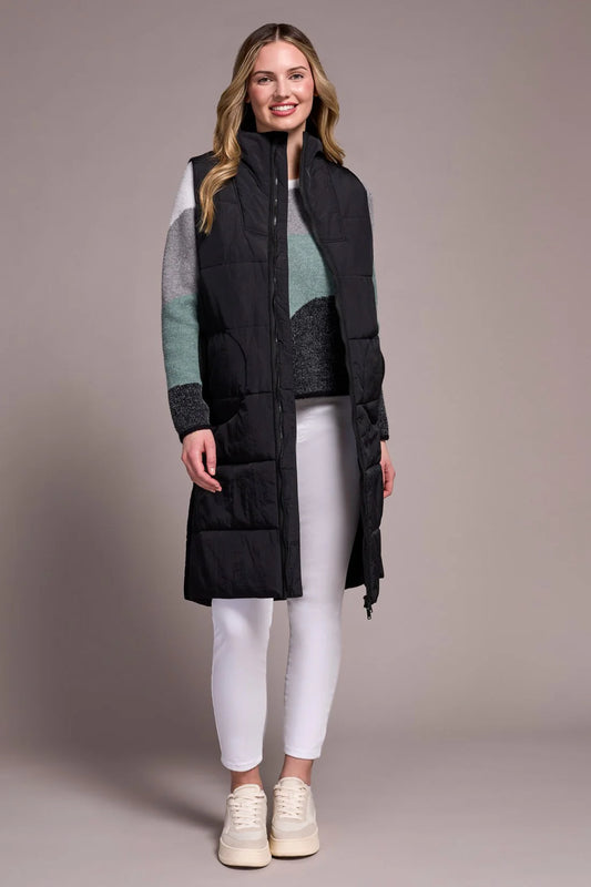 LONG ZIP-FRONT QUILTED VEST-BLACK