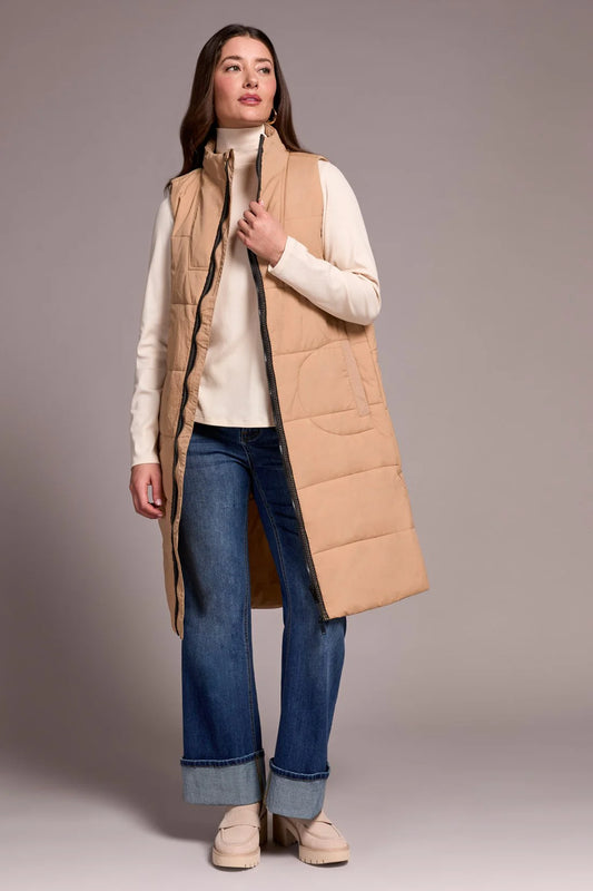 LONG ZIP-FRONT QUILTED VEST-ICE  LATTE