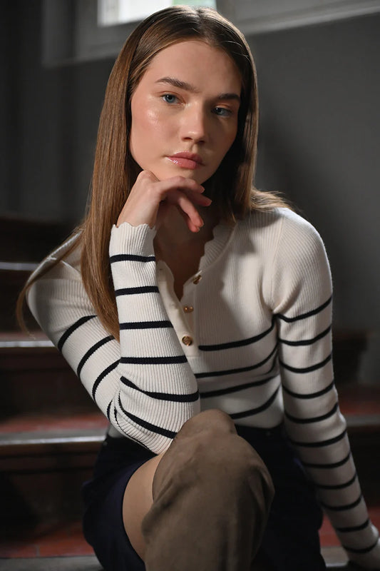 LADIES KNITTED STRIPED SWEATER-ECRU/NAVY