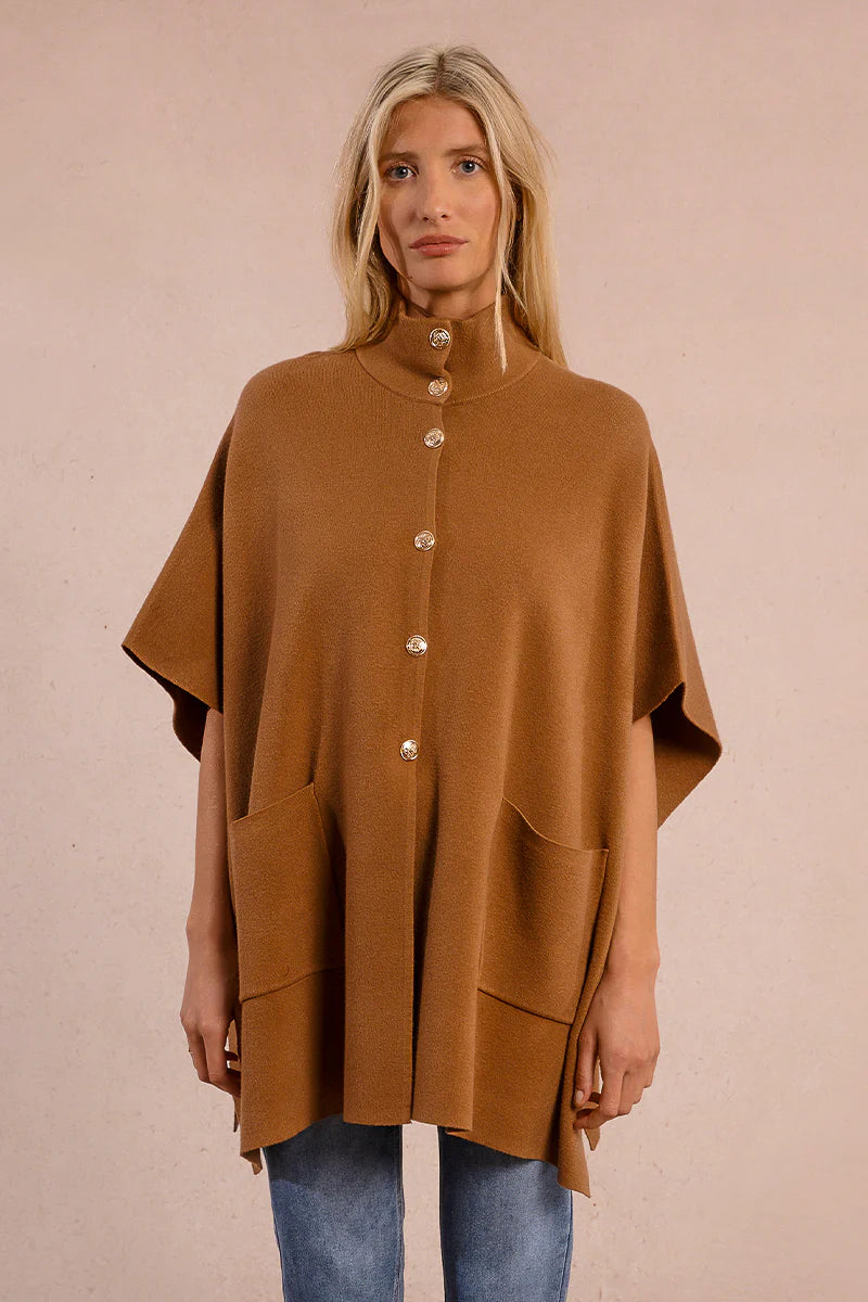 LADIES KNITTED CAPE-CAMEL