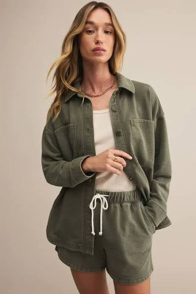 All Day Knit Denim Long Sleeve Oversized Shacket-Hunter Green