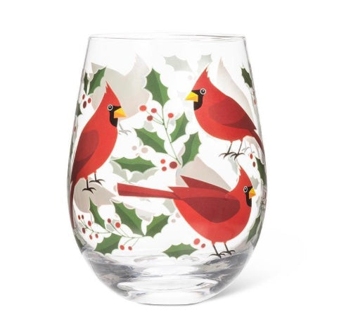 Cardinals & Holly Stemless Wine Glass
