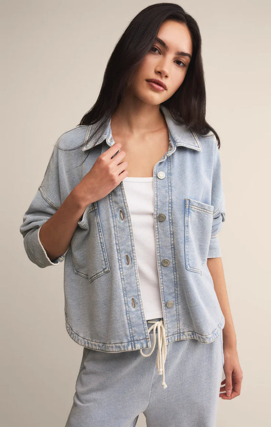 ALL DAY CROPPED KNIT DENIM JACKET-WASHED INDIGO